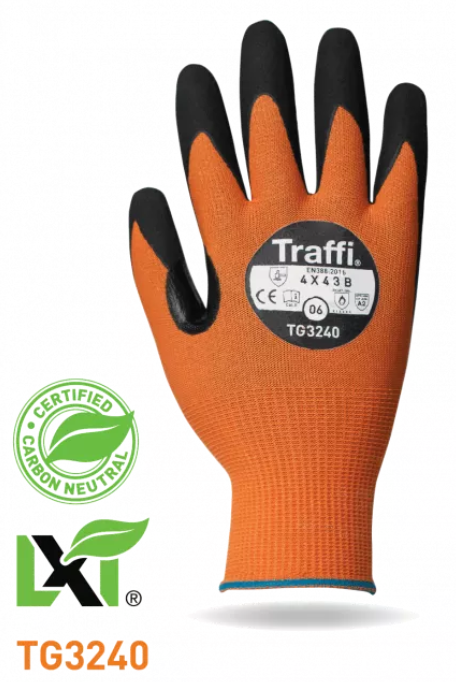 Traffi® TG3240 LXT® Carbon Neutral MicroDex Nitrile Coated orange 15-gauge seamless knit A2 Cut Gloves